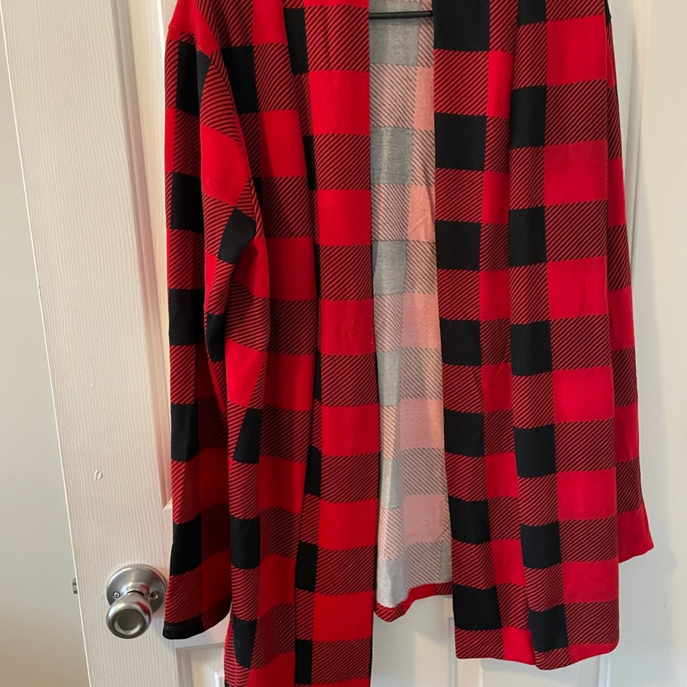 Red and Black Plaid Open Cardigan